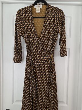 Julie Brown Medium Black and Mustard Printed Wrap Dress
